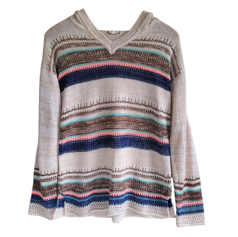 Eyeshadow Striped Vneck Lightweight Hooded Puller Sweater Cream Medium